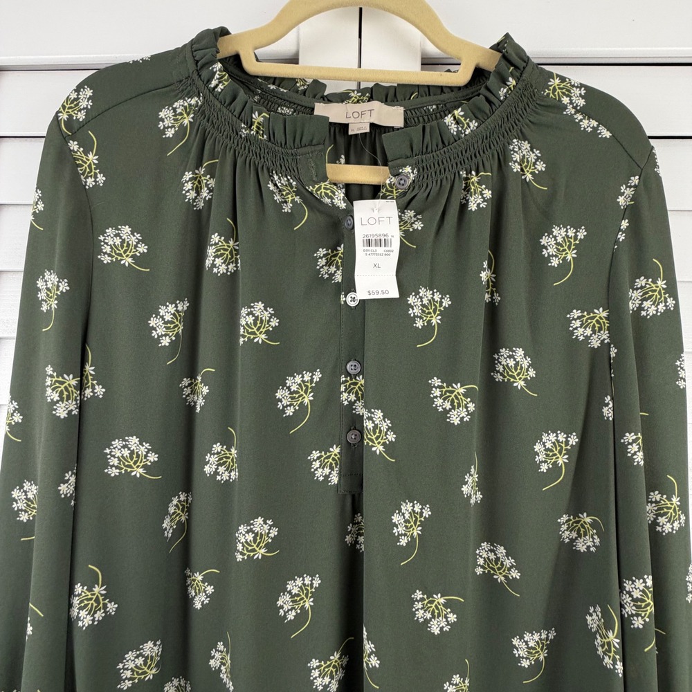 LOFT Blouse XL Green Floral Smocked Ruffle Neck Long Sleeve NEW - Picture 2 of 15